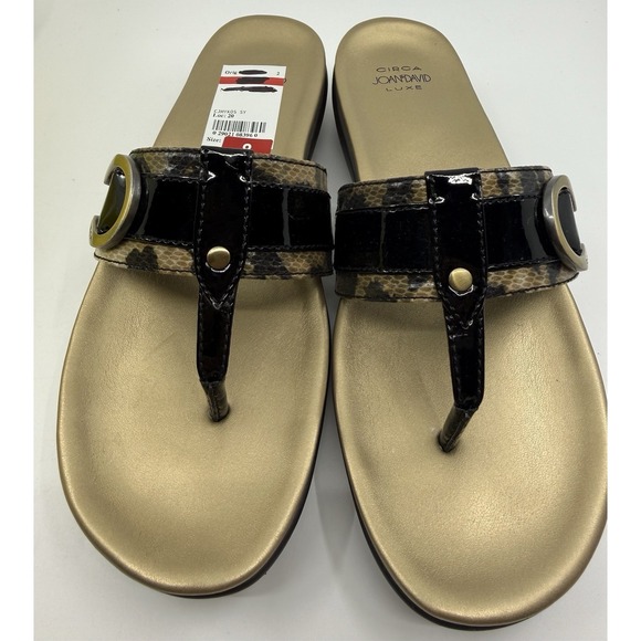 Circa Joan & David Shoes - Circa Joan & David Luxe Thong Sandals Womens 8 Leopard Black Patent Gold NIB